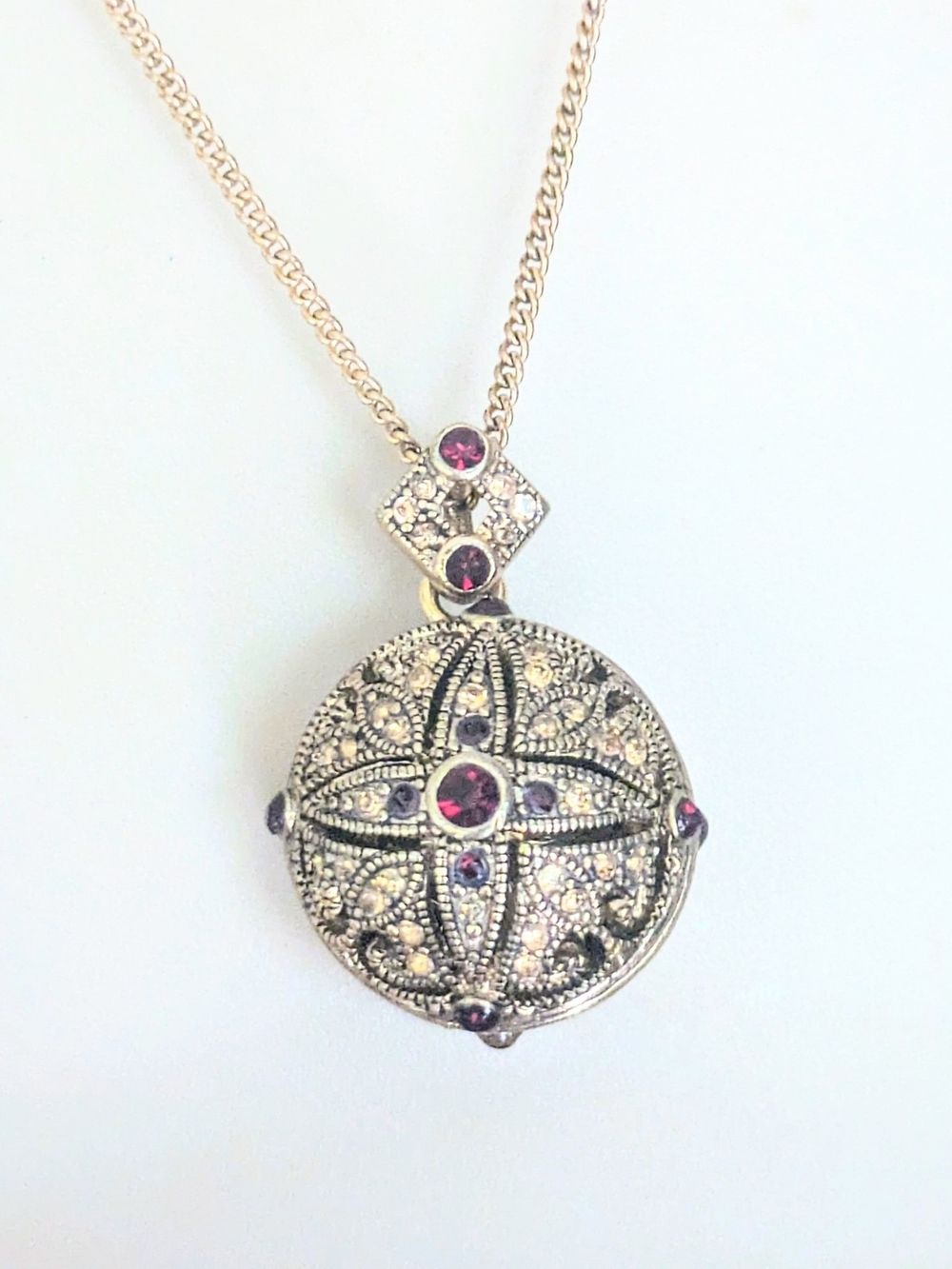 Vintage Ornate Gold Tone Red Crystal Sphere Ball Locket & Gold Filled Necklace